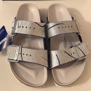 Birkenstock Arizona Metallic Silver Cuts Ocean Rivet Logo Leather Sandal. Rare